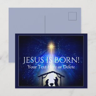 Jouw tekst/Kleur Jezus Nativiteit Kerstster Blauw Briefkaart