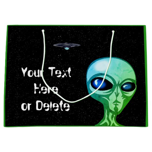 Jouw tekst & Kleur Koel Groen Alien Zilver UFO Groot Cadeauzakje (Voorkant)