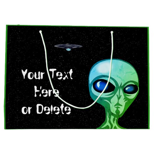 Jouw tekst & Kleur Koel Groen Alien Zilver UFO Groot Cadeauzakje (Achterkant)