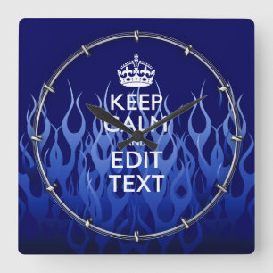 jouw tekst op 'Keep Calm' op 'Navy Blue Racing Fla Vierkante Klok