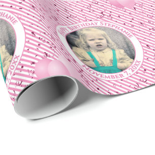 Jouw tekst.Photo Roze/Wit Eenvoudige Streepjespatr Cadeaupapier