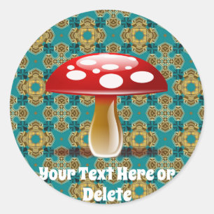 Jouw tekst Retro Blauwgroen Groen en Rode Amanita Ronde Sticker