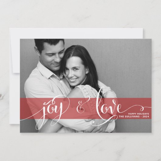 Joy and Love Rustic Script Red Christmas Foto Feestdagenkaart (Voorkant)