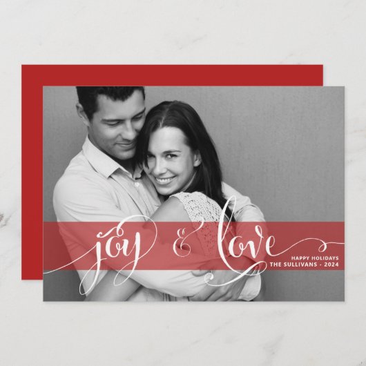 Joy and Love Rustic Script Red Christmas Foto Feestdagenkaart (Voorkant / Achterkant)