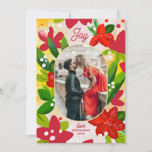 Joy Bloemige Kerstmis Helder Botanisch Foto Feestdagenkaart