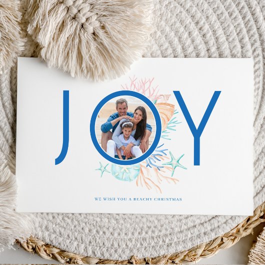 Joy Blue Coastal kerstbal Seashell Foto Feestdagenkaart
