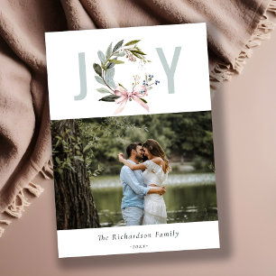 Joy Blush Blauw Groene Winter Kerst Krans Foto Feestdagenkaart