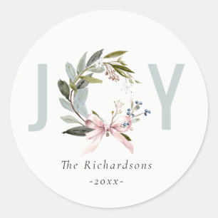Joy Blush Blauw Groene Winter Kerst Krans Ronde Sticker