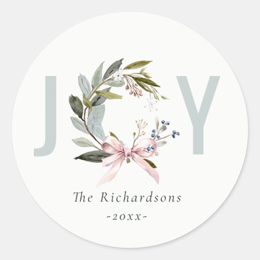 Joy Blush Blauw Groene Winter Kerst Krans Ronde Sticker (Voorkant)