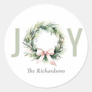 Joy Blush Green Christmas Krans Waterverf Ronde Sticker