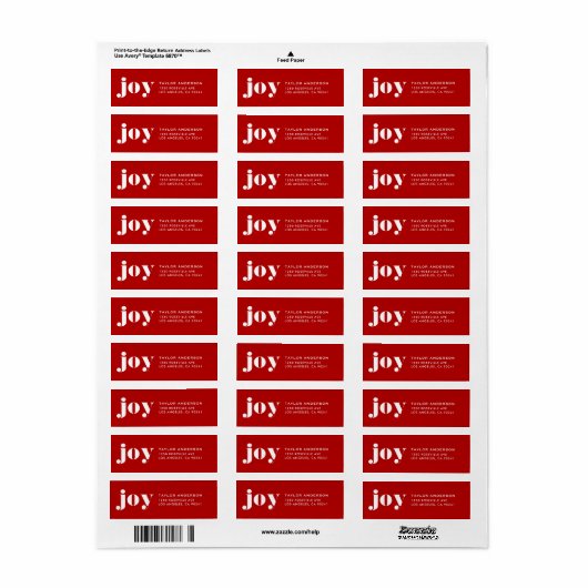 JOY Bold Typography Modern Christmas Red Etiket (Full Sheet)