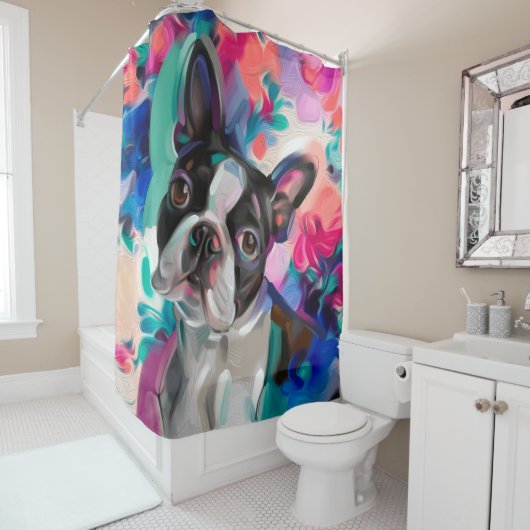 'Joy' Boston Terrier kleurrijk douchegordijn (In situ)