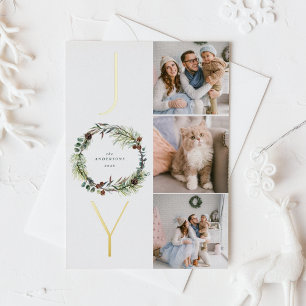 JOY Botanische Pine Krans Foto Collage Kerstmis Folie Feestdagen Briefkaart