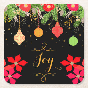 Joy Bright Kerstmis Baubles Ornaments and Flowers Vierkante Kartonnen Onderzetter