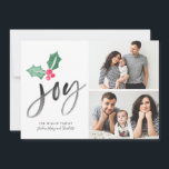 Joy Brush Script Holiday | Noël 2 Cartes photos<br><div class="desc">Cette carte de collage photo Holiday est tout simplement élégante et fait une déclaration audacieuse avec sa simplicité et son sentiment. Le design est minimaliste et artistique avec de la joie inscrit dans le lettrage de brosse, et dispose de notre exclusive peinture à la main sainte aquarelle et aquarelle brosse...</div>