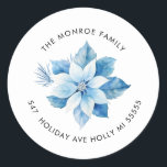 Joy Christmas Blue Poinsettia Adresse Sticker<br><div class="desc">Joyeux Noël bleu poinsettia design</div>