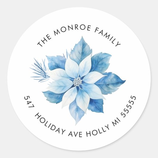 Joy Christmas Blue Poinsettia Adresse Sticker (Devant)