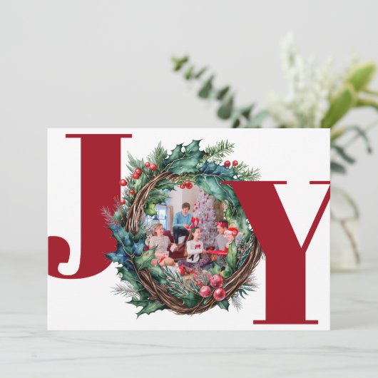 Joy Christmas Botanical Wreath Lijst Foto Feestdagenkaart (Staand voorkant)