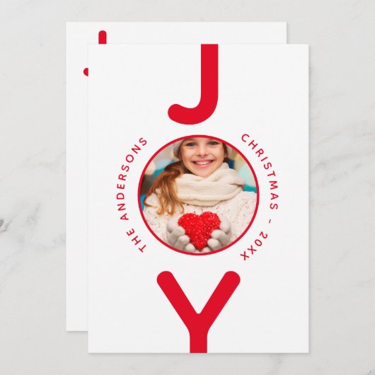 Joy Christmas photo blanc rouge simple carte (Devant / Derrière)