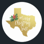 Joy Christmas Sticker Y'all Texas<br><div class="desc">Joyeux autocollant de Noël Y'all avec un faux feuille d'or état Texas et des baies de houx aquarelle avec typographie moderne.</div>
