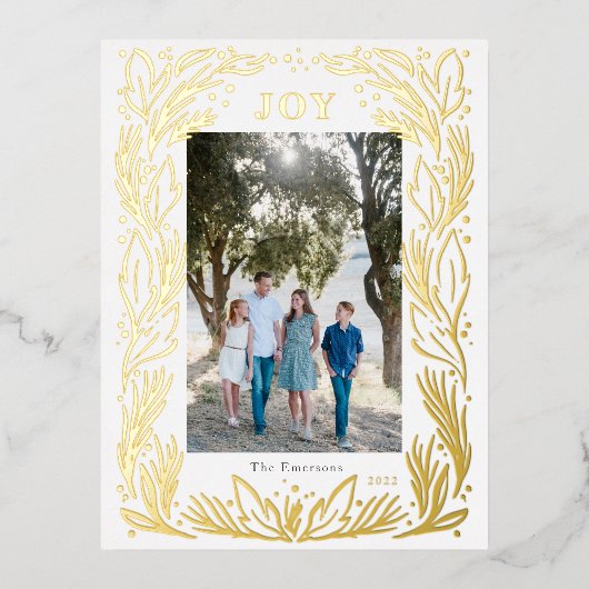 Joy Christmas Wreath Photo Foil Gold Carte postale (Recto)