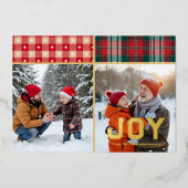 Joy Cozy Plaid and Gold 2 Family Photo Flat Folie Feestdagenkaart (Voorkant)