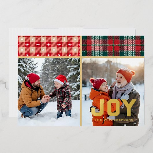 Joy Cozy Plaid and Gold 2 Family Photo Flat Folie Feestdagenkaart (Envelop)