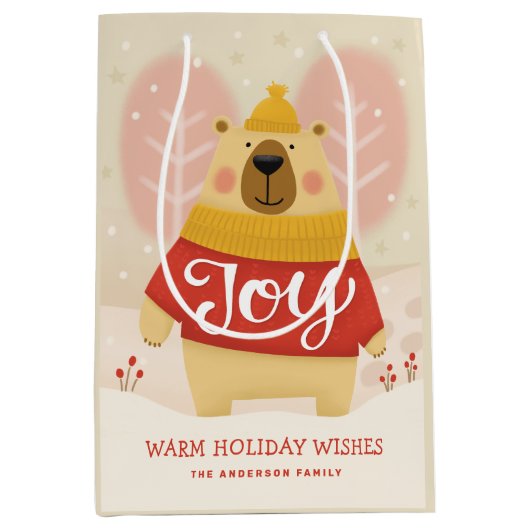 Joy | Cute Forest Bear Christmas Winter Party Medium Cadeauzakje (Voorkant)