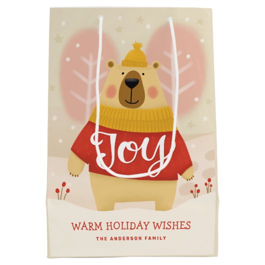Joy | Cute Forest Bear Christmas Winter Party Medium Cadeauzakje (Achterkant)