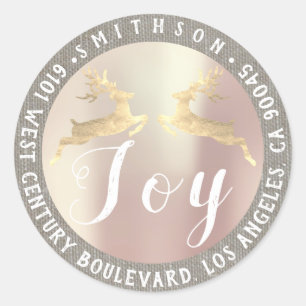 Joy Deer Christmas Return RSVP Roos Grijs Linnen Ronde Sticker
