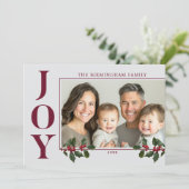 JOY Familie Foto Rood Flat Holiday Kaart (Staand voorkant)