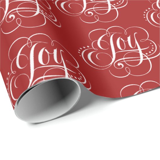JOY Fancy Bloeiende Kerstmis Kalligrafie Rood Cadeaupapier (Rol Hoek)