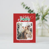 JOY feestelijke rode moderne script kerst foto Feestdagenkaart (Staand voorkant)