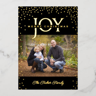 JOY Gold Confetti op Black Merry Kerstmis 2-foto Folie Feestdagenkaart