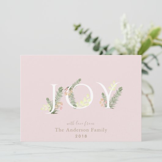 JOY Green Floliage Blush Pink Carte de Noël (Debout devant)