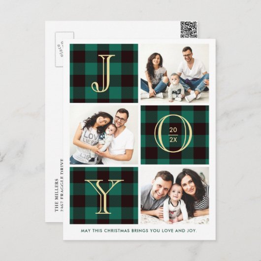 JOY| Green Pset Photo Collage Kerstfeestdag Briefkaart (Voorkant / Achterkant)