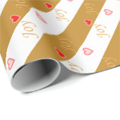 Joy Heart Pattern over Striped Golden & White Wrap Cadeaupapier (Rol Hoek)