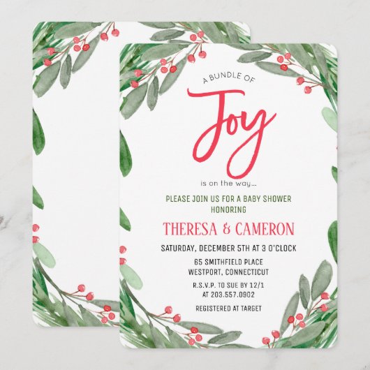 Joy Holiday Mistletoe Baby shower Invitation (Devant / Derrière)