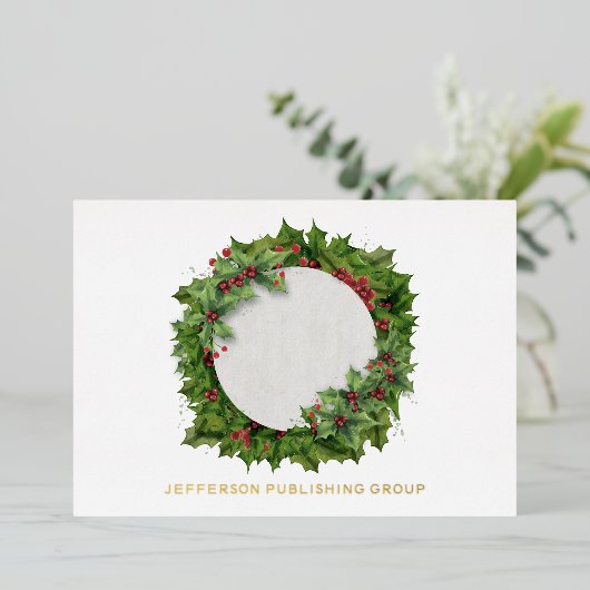 Joy Holly Wreath Modern Business Folie Feestdagenkaart (Staand Voorkant)