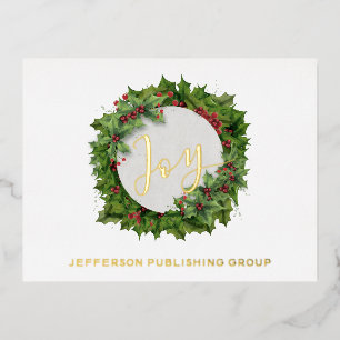 Joy Holly Wreath Modern Zakelijk Bedrijfsleven Folie Feestdagen Briefkaart
