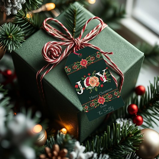 JOY kerst bloemenrand gepersonaliseerd Cadeaulabel