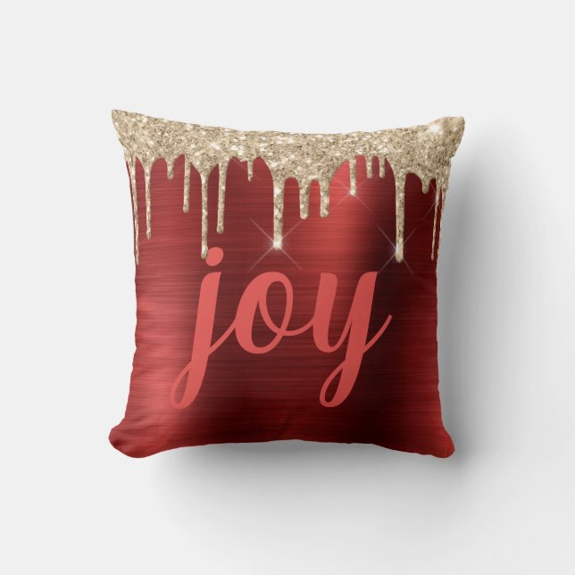 Joy Kerstmis Glitter Drip Red Metallic Typografie Kussen (Voorkant)