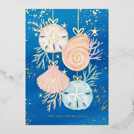 Joy kerstOcean Waterverf Seashell Ornaments Folie Feestdagenkaart (Voorkant)