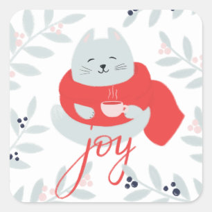 Joy. Kute kerstkat. Wintervakantiedier Vierkante Sticker