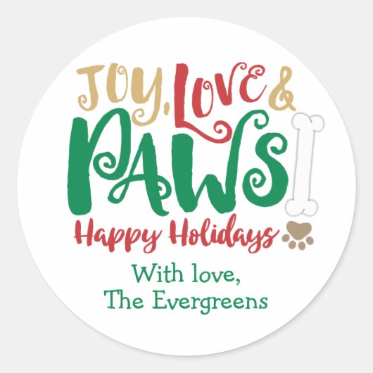 Joy Love PAWS Dog Happy Holidays Ronde Sticker (Voorkant)