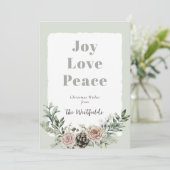 Joy Love Peace Christmas Roses Pine Cone Feestdagenkaart (Staand voorkant)