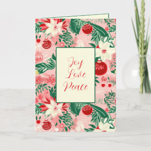 Joy Love Peace Roze Rood Bloemen Kerst Kaart