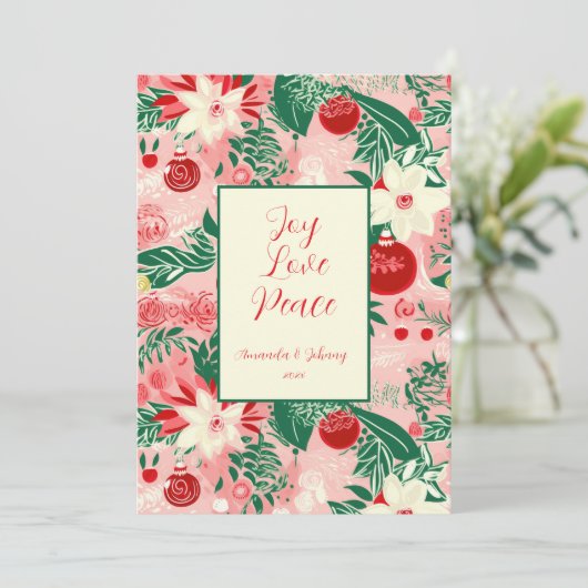 Joy Love Peace Roze Rood Bloemen Kerst Kaart (Staand voorkant)