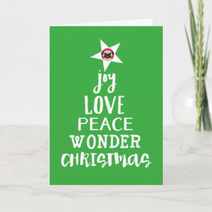 Joy, Love, Peace, Wonder, Kerstboom Star Pug Feestdagen Kaart