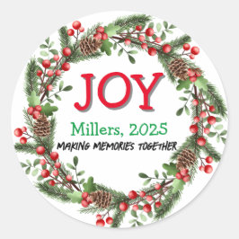 Joy Merry Christmas Wreath familienaam Red Xmas Ronde Sticker